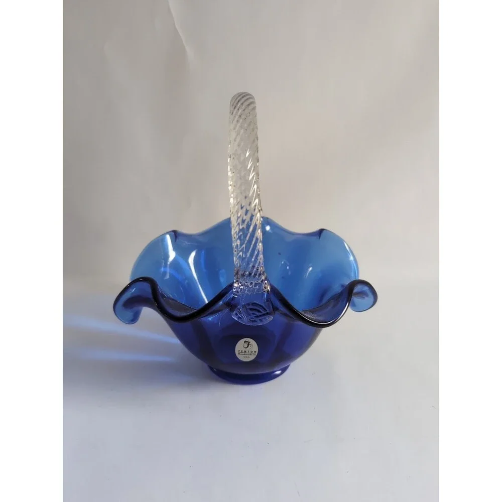 Fenton Glass Blue Cobalt Basket Clear Handle 7